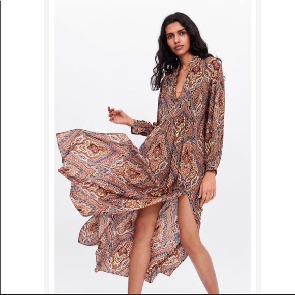 Zara Bohemian Print Side Slit V-Neck Maxi Dress Tunic - Picture 6 of 12